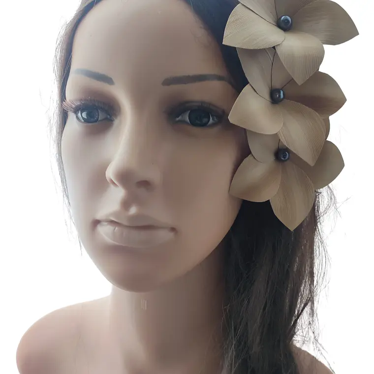 Pinza con 3 Flor Pandanus Con perla de rio Para El Cabello 5