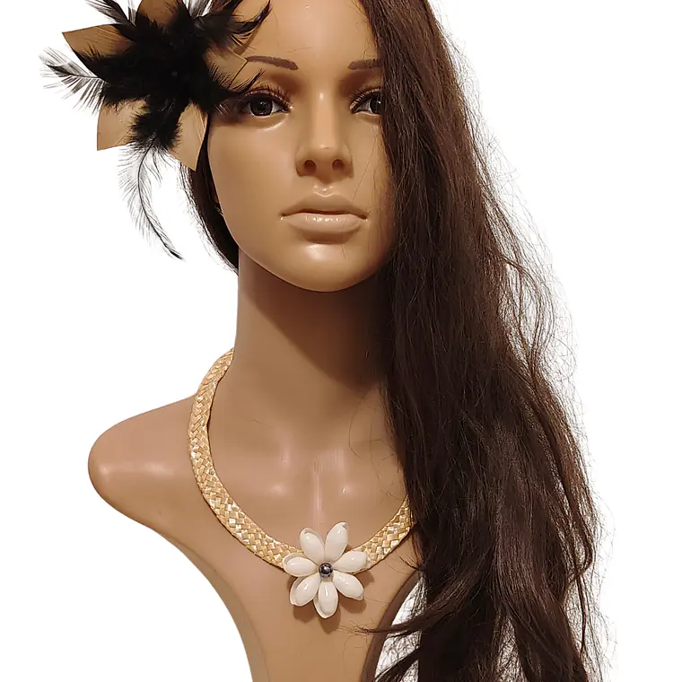 Collar de fibra de trigo y concha buble blanca con perla 5