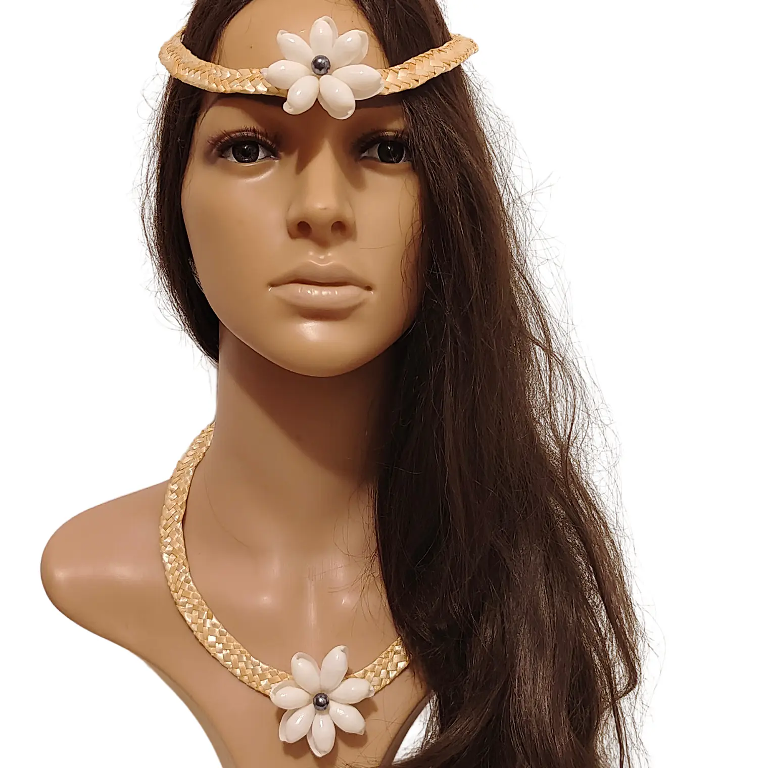 Collar de fibra de trigo y concha buble blanca con perla 6