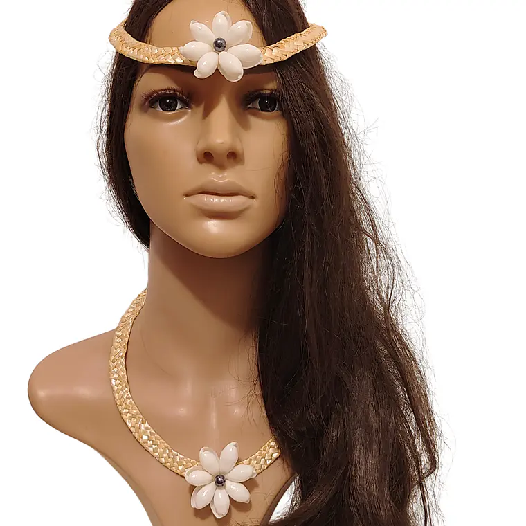 Collar de fibra de trigo y concha buble blanca con perla 6