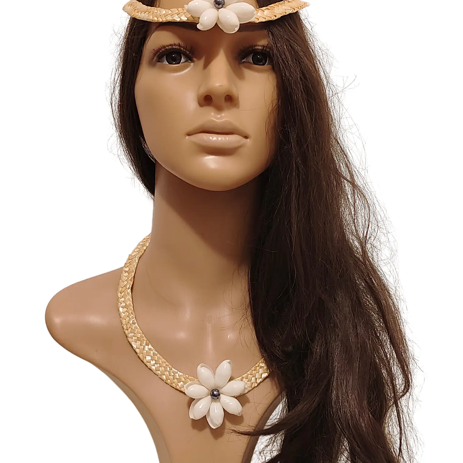 Collar de fibra de trigo y concha buble blanca con perla 7