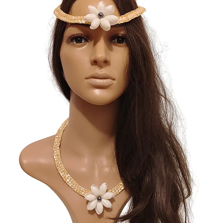 Collar de fibra de trigo y concha buble blanca con perla 8