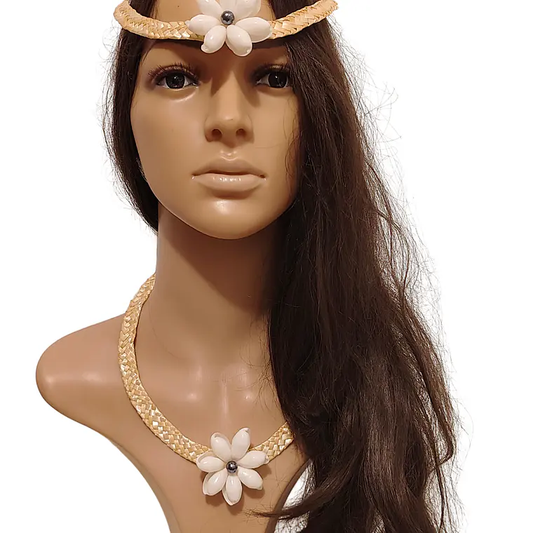 Collar de fibra de trigo y concha buble blanca con perla 9