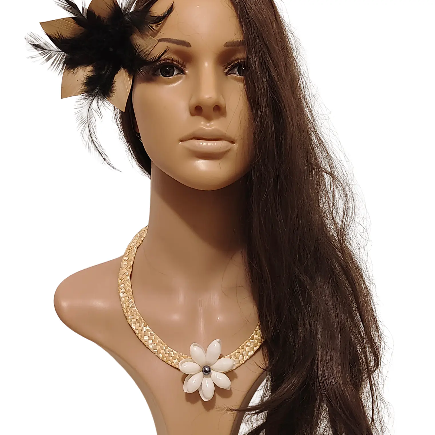 Collar de fibra de trigo y concha buble blanca con perla 10