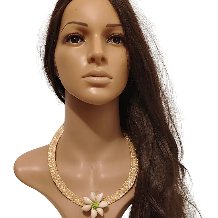 Collar de fibra de trigo y flor de pure blanco 1