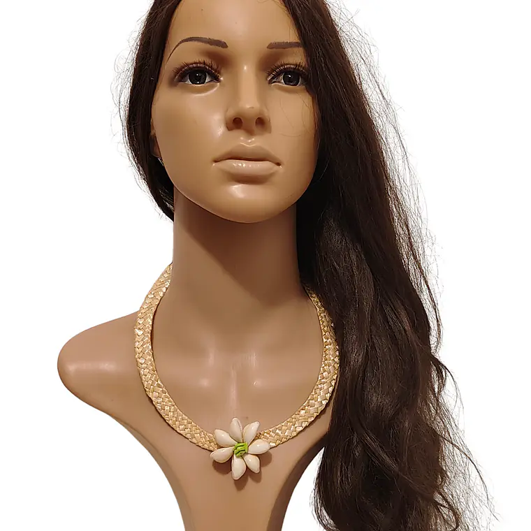 Collar de fibra de trigo y flor de pure blanco 2