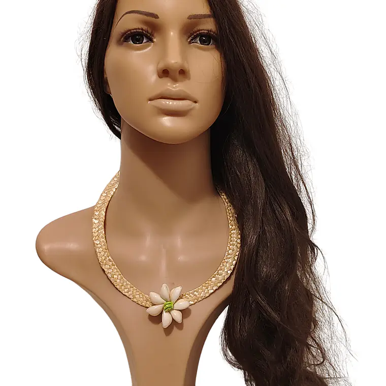 Collar de fibra de trigo y flor de pure blanco 3