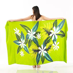 Pareo XL Verde con Flor de Tiare y Hojas 2 x1,15mts