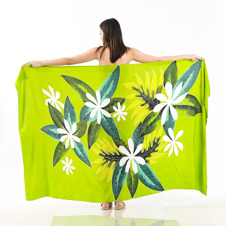 Pareo XL Verde con Flor de Tiare y Hojas 2 x1,15mts 1