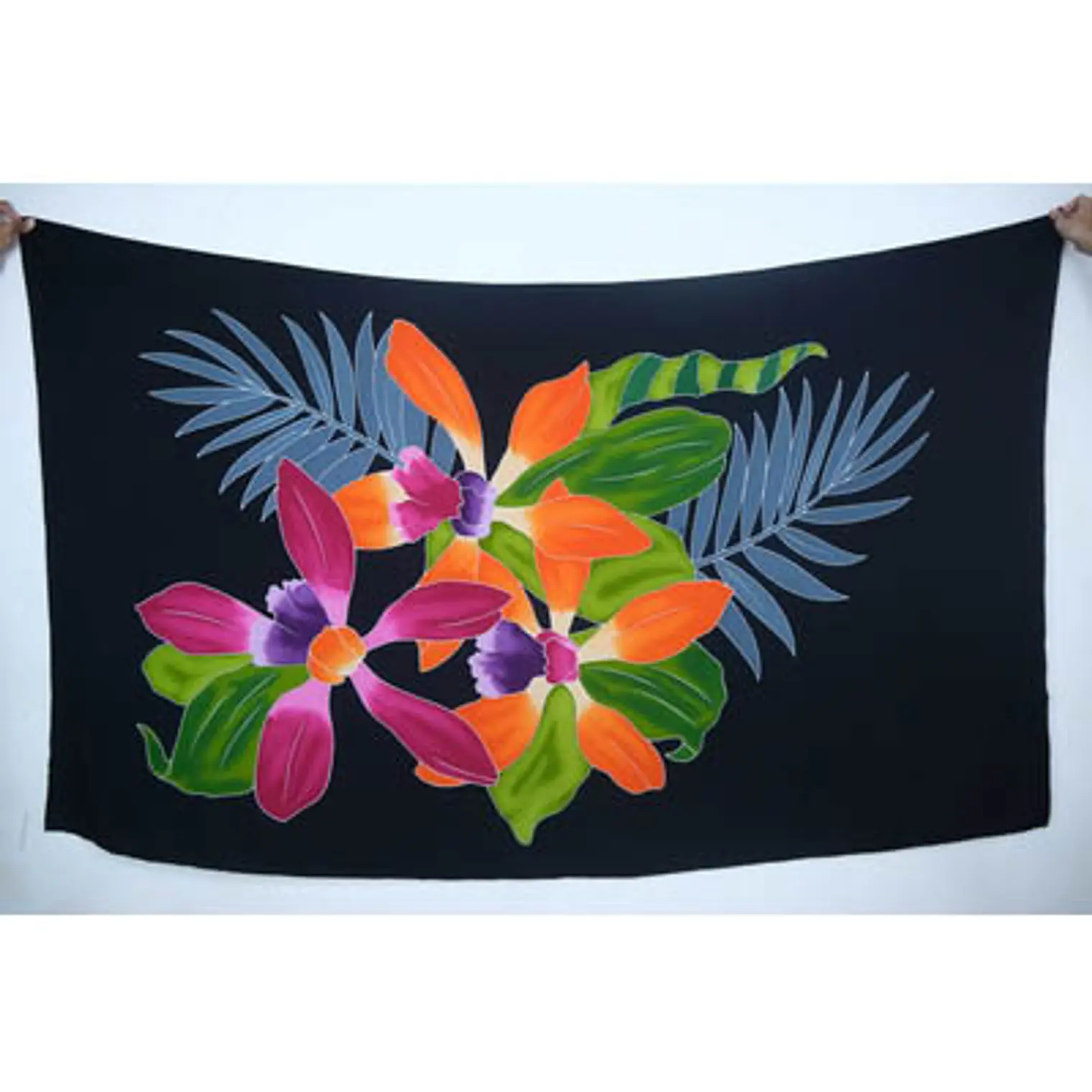 Pareo XL Negro con Flor orquideas y Hojas 2 x1,15mts 1