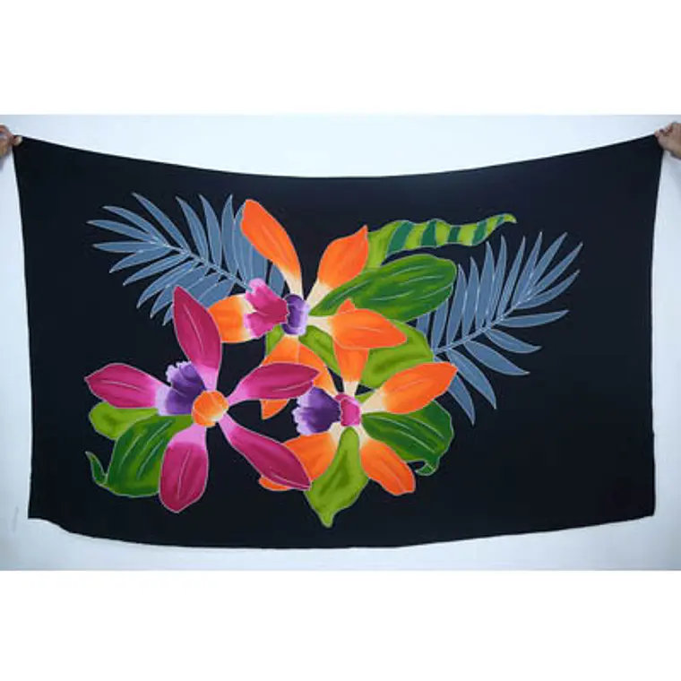 Pareo XL Negro con Flor orquideas y Hojas 2 x1,15mts 1