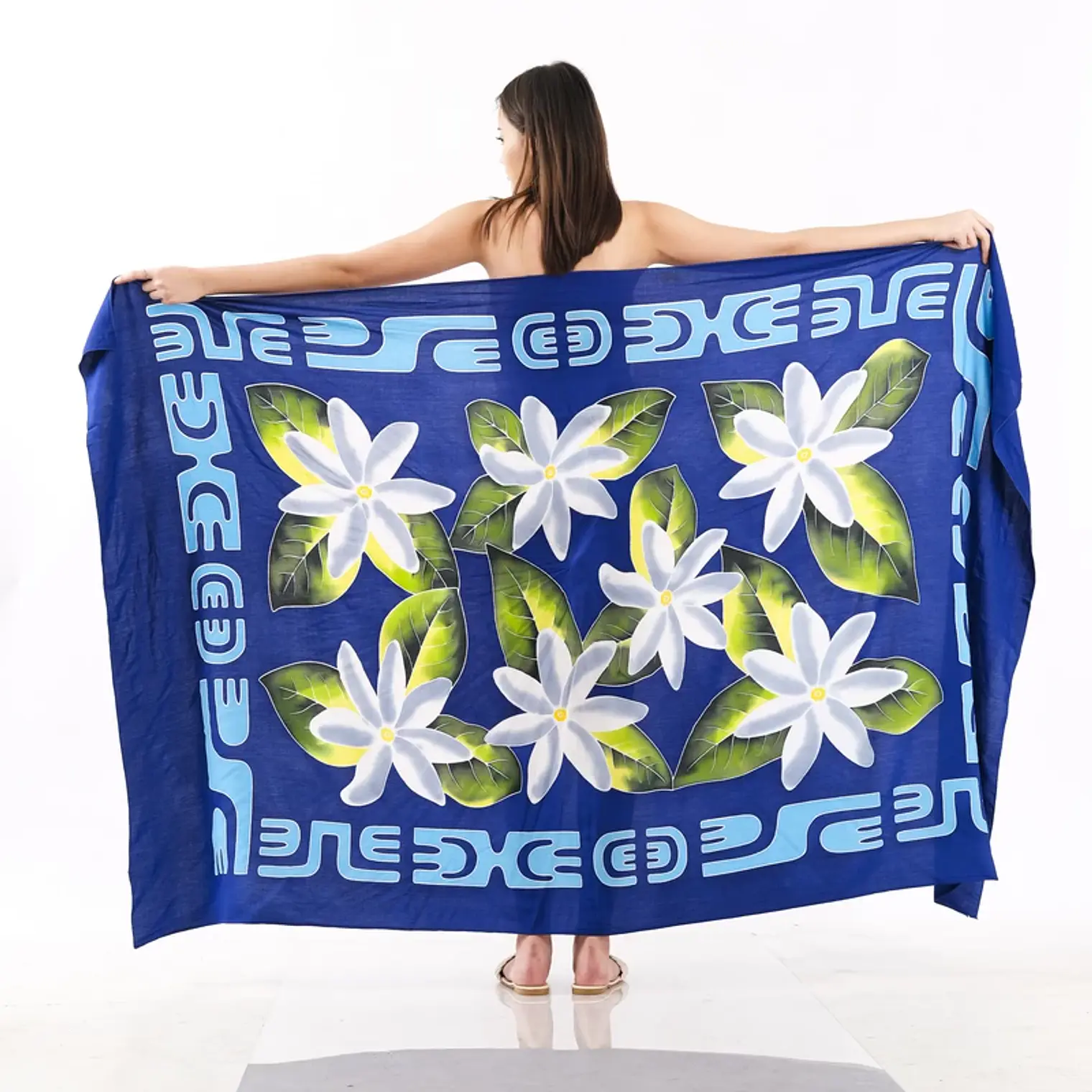 Pareo XL 2 x1,15mts Azul con Flor de Tiare y Hojas y borde 1