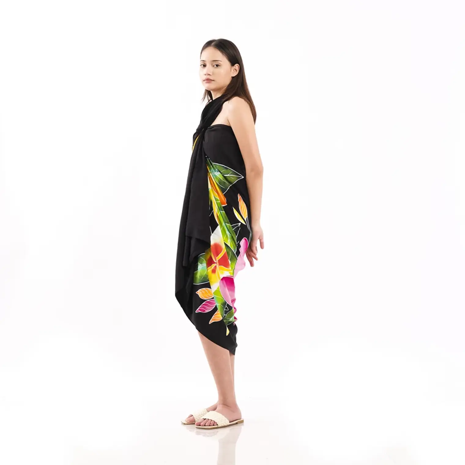 Pareo XL 2 x1,15mts negro con tipanie amarilla y fucsia 4