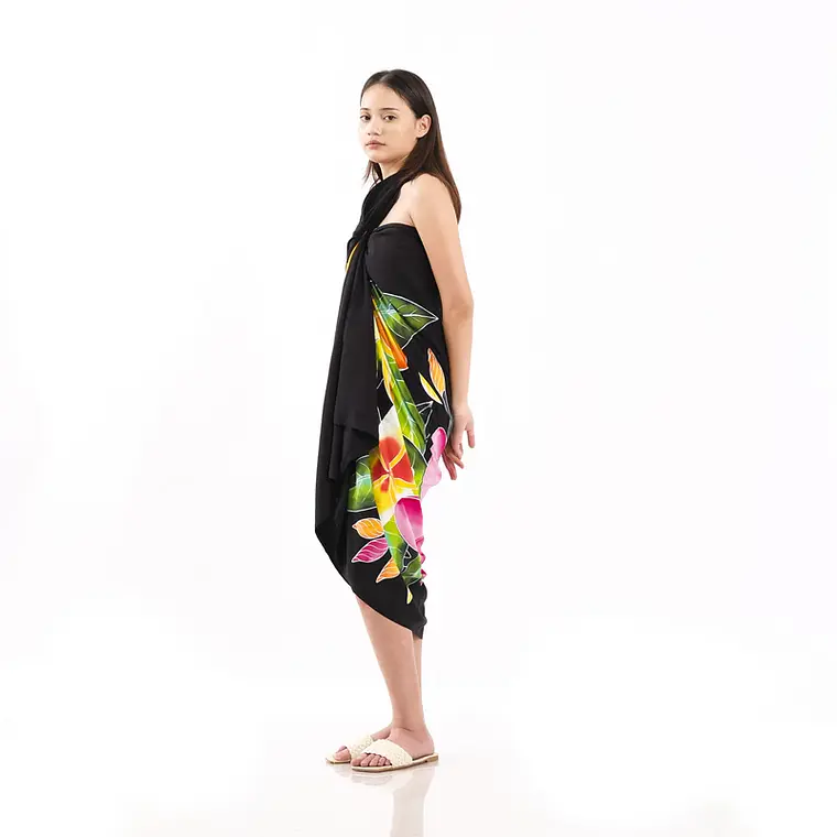 Pareo XL 2 x1,15mts negro con tipanie amarilla y fucsia 4