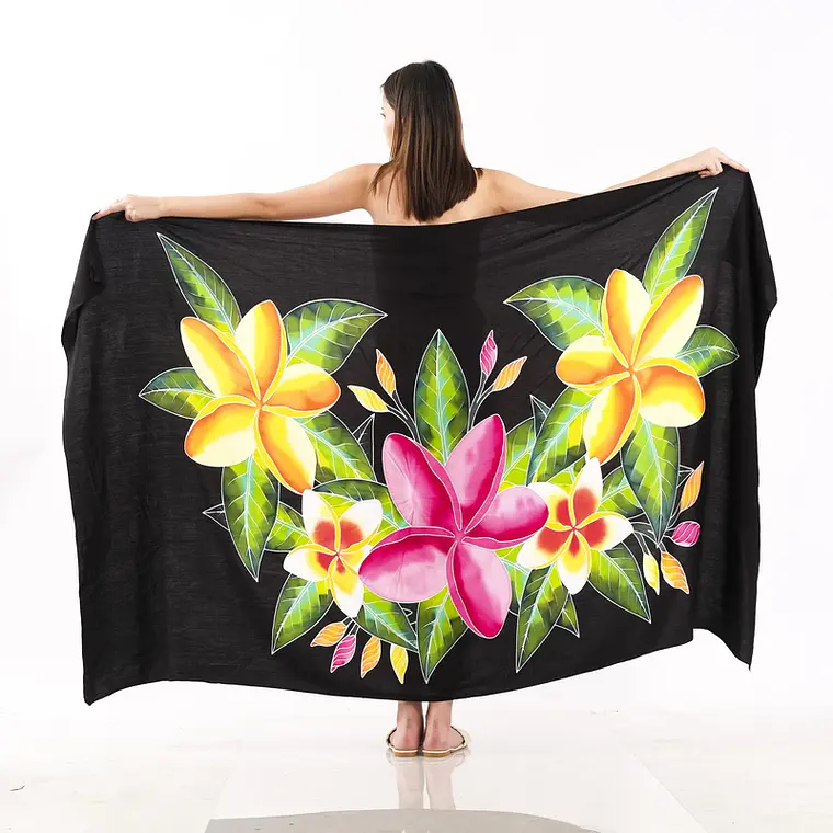 Pareo XL 2 x1,15mts negro con tipanie amarilla y fucsia 1