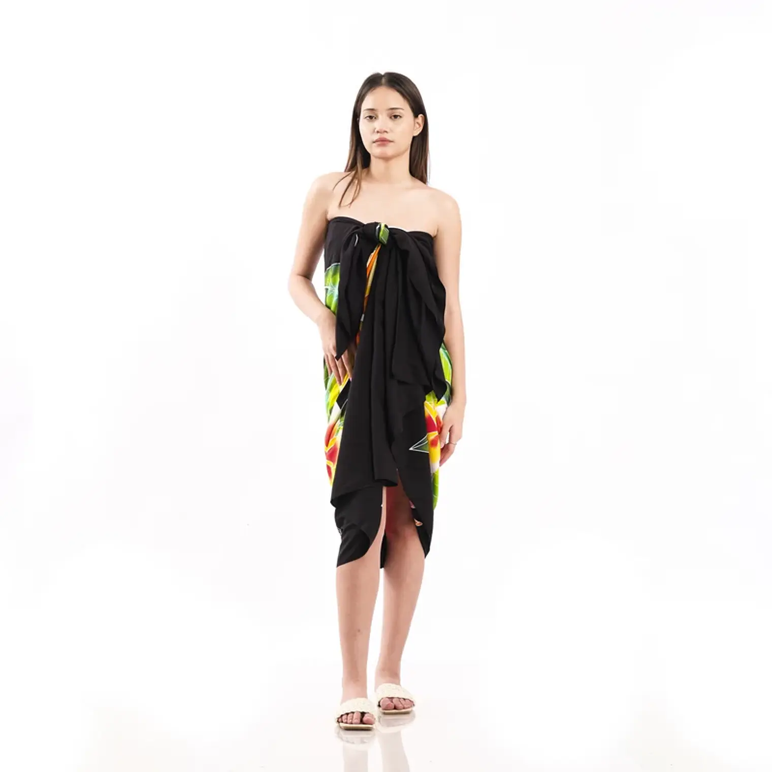Pareo XL 2 x1,15mts negro con tipanie amarilla y fucsia 6