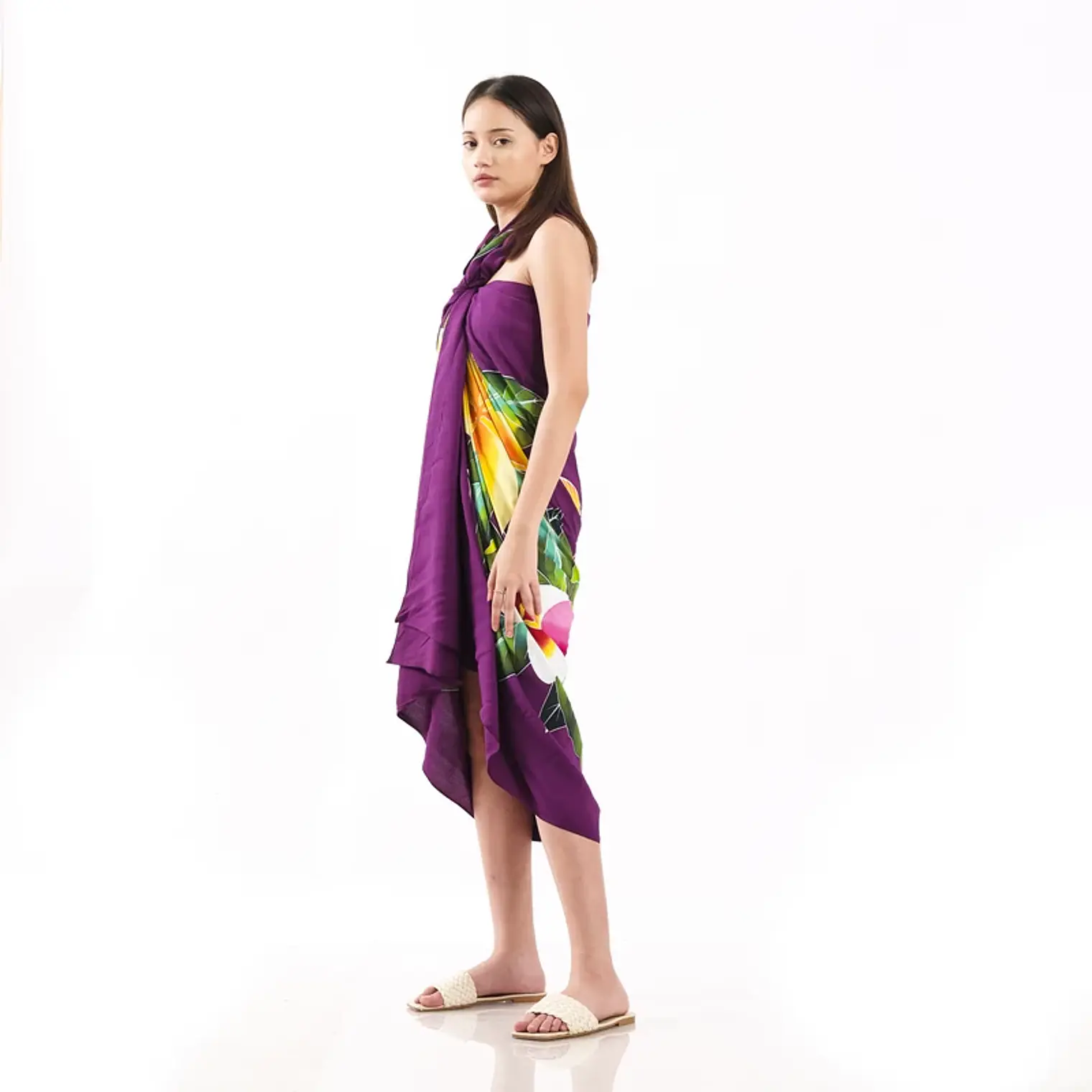 Pareo XL 2 x1,15mts morado con tipanie amarilla y fucsia 2