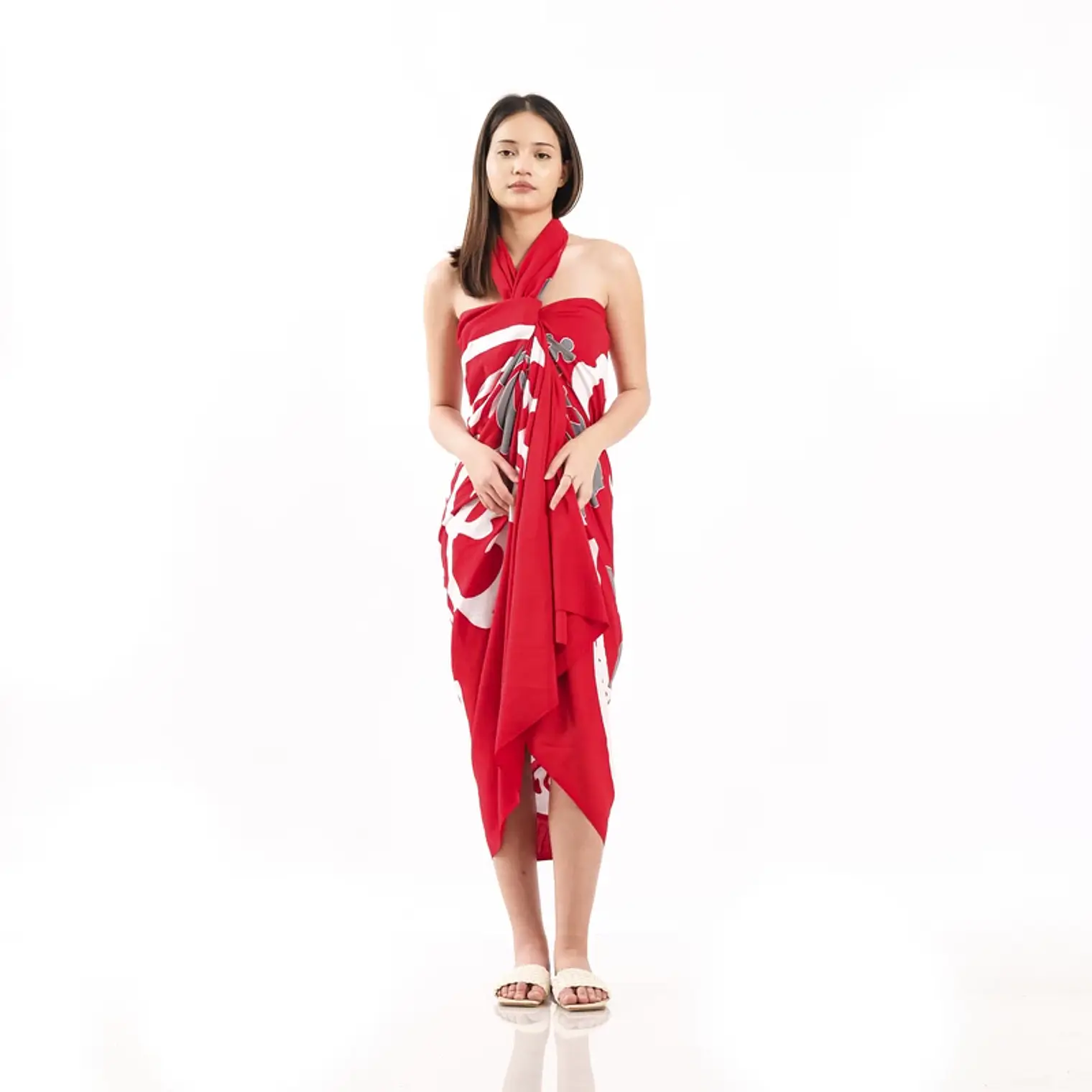 Pareo XL 2x1,15mts Rojo 3 hibiscos gris 2