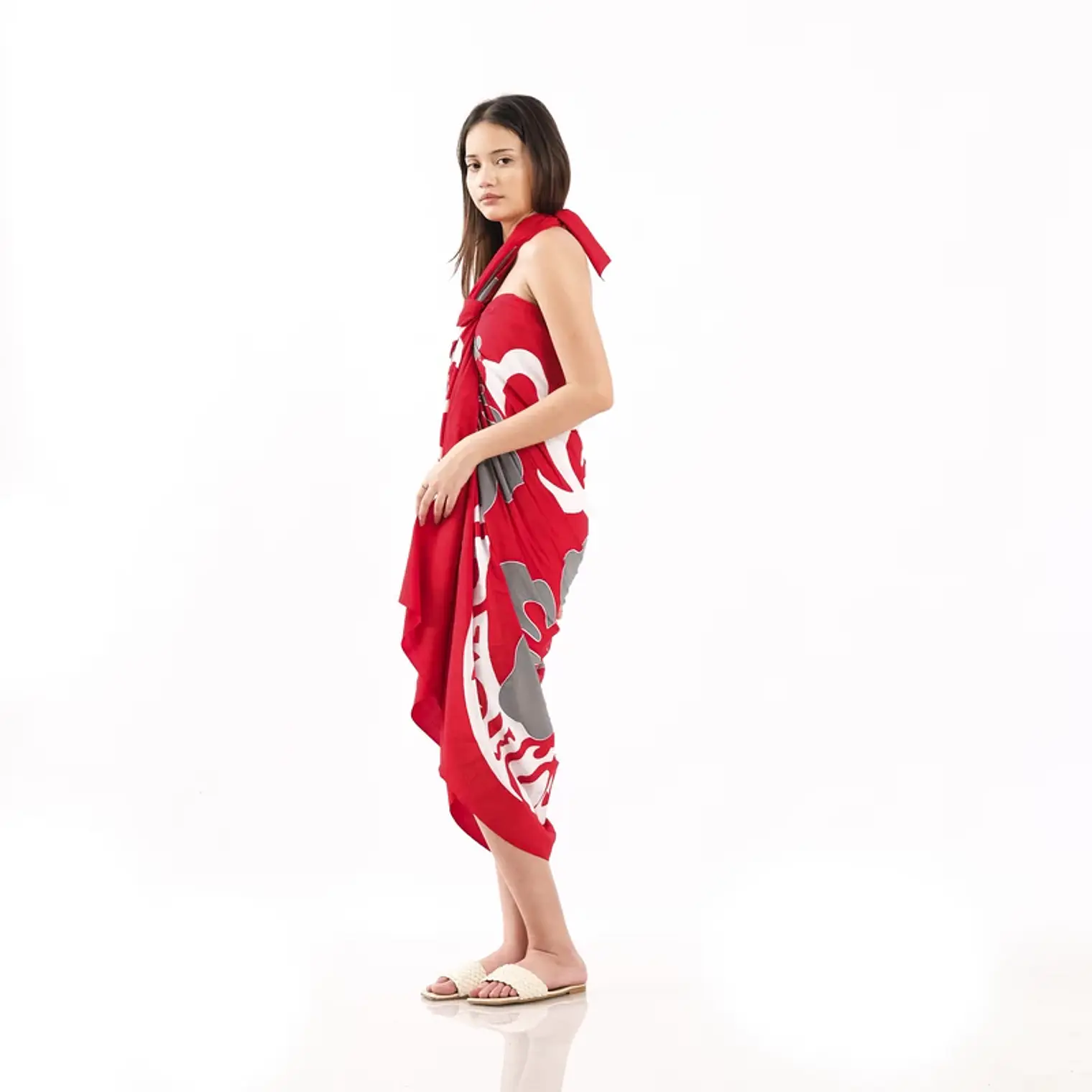Pareo XL 2x1,15mts Rojo 3 hibiscos gris 3