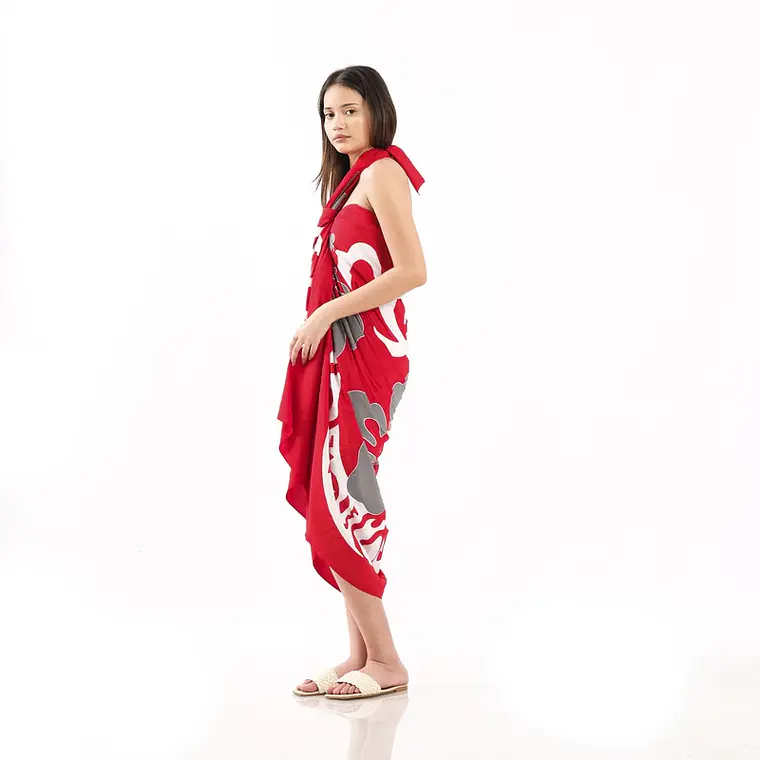 Pareo XL 2x1,15mts Rojo 3 hibiscos gris 3
