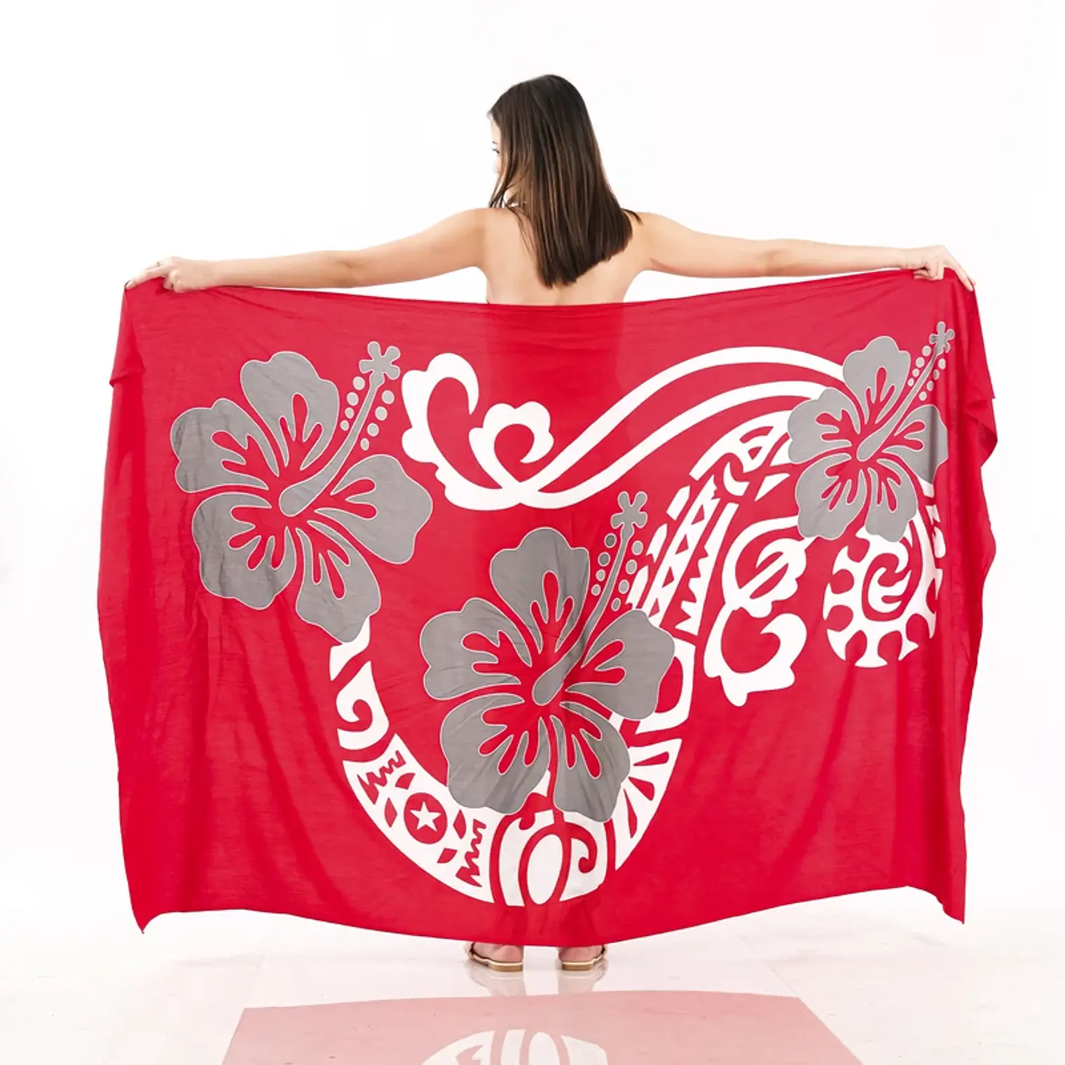 Pareo XL 2x1,15mts Rojo 3 hibiscos gris 1
