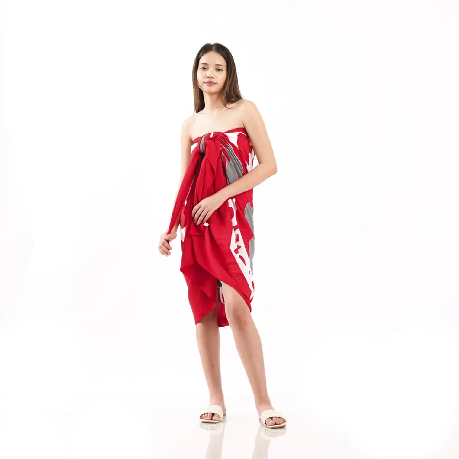 Pareo XL 2x1,15mts Rojo 3 hibiscos gris 7
