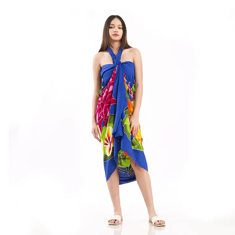 Pareo XL 2x1,15mts azul con centro hibisco naranjo 2