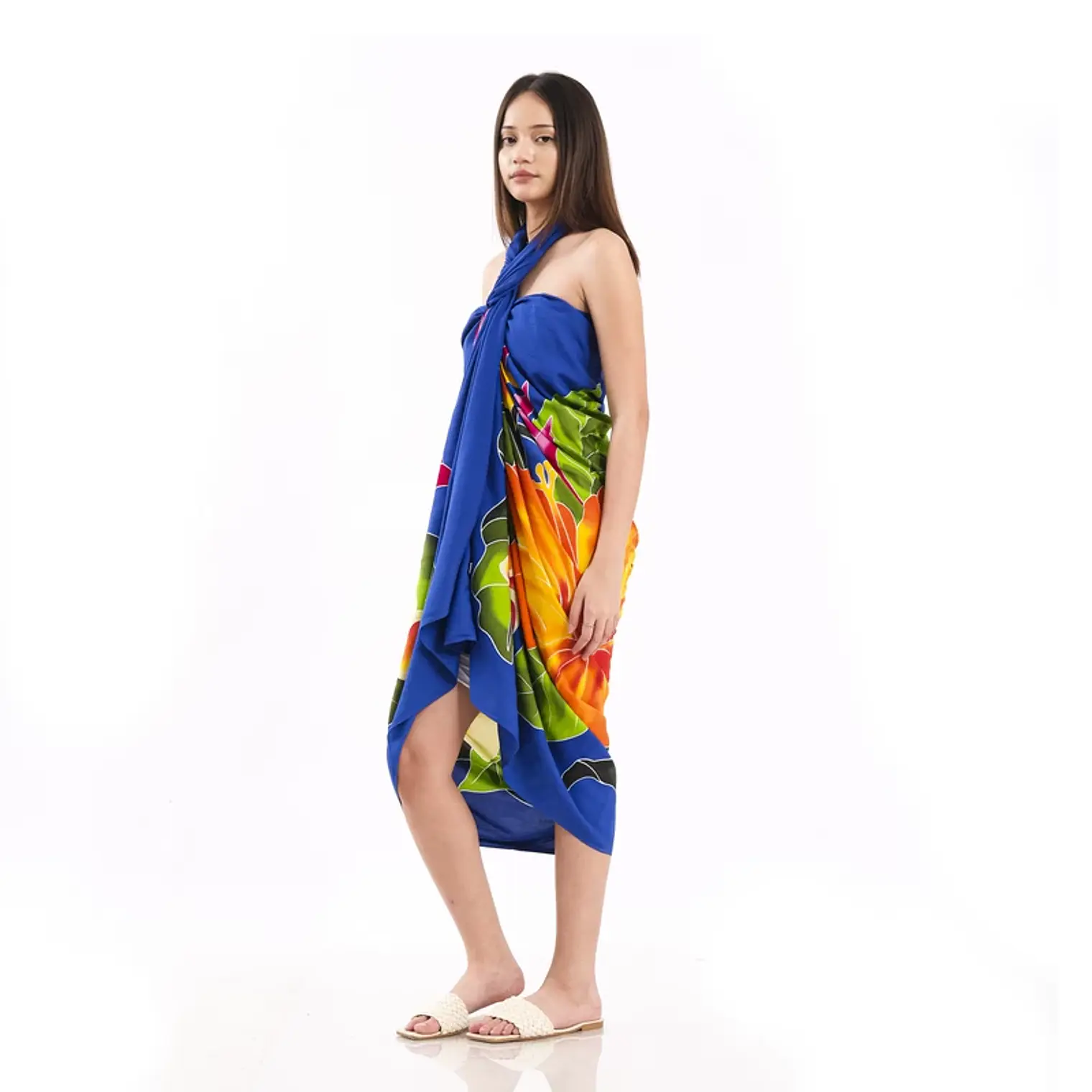 Pareo XL 2x1,15mts azul con centro hibisco naranjo 3
