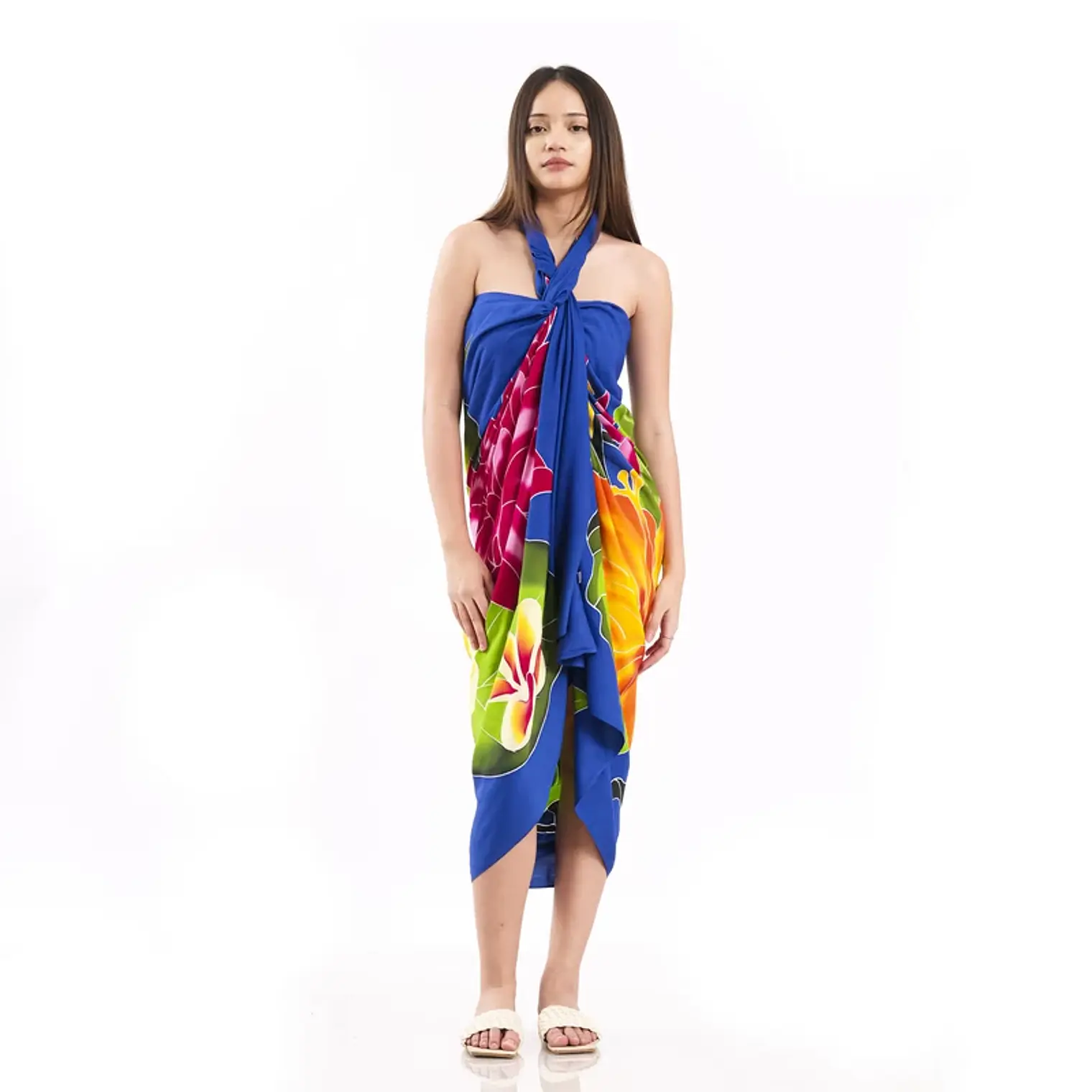 Pareo XL 2x1,15mts azul con centro hibisco naranjo 8