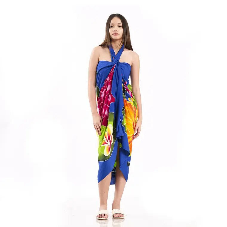Pareo XL 2x1,15mts azul con centro hibisco naranjo 8