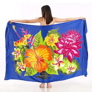 Pareo XL 2x1,15mts azul con centro hibisco naranjo