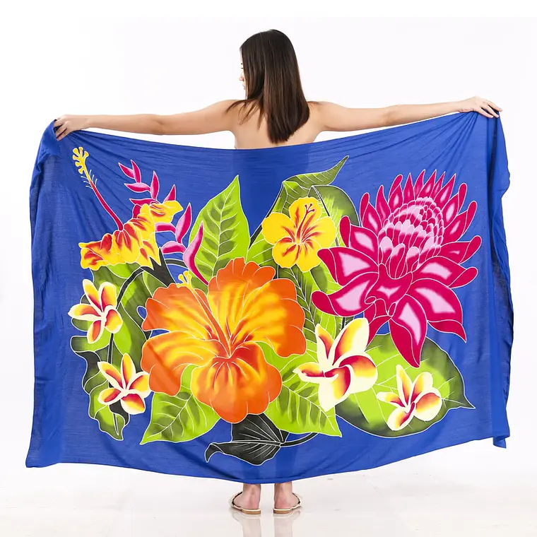 Pareo XL 2x1,15mts azul con centro hibisco naranjo 1