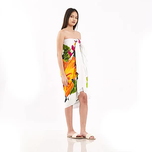 Pareo XL 2x1,15mts blanco con centro hibisco naranjo