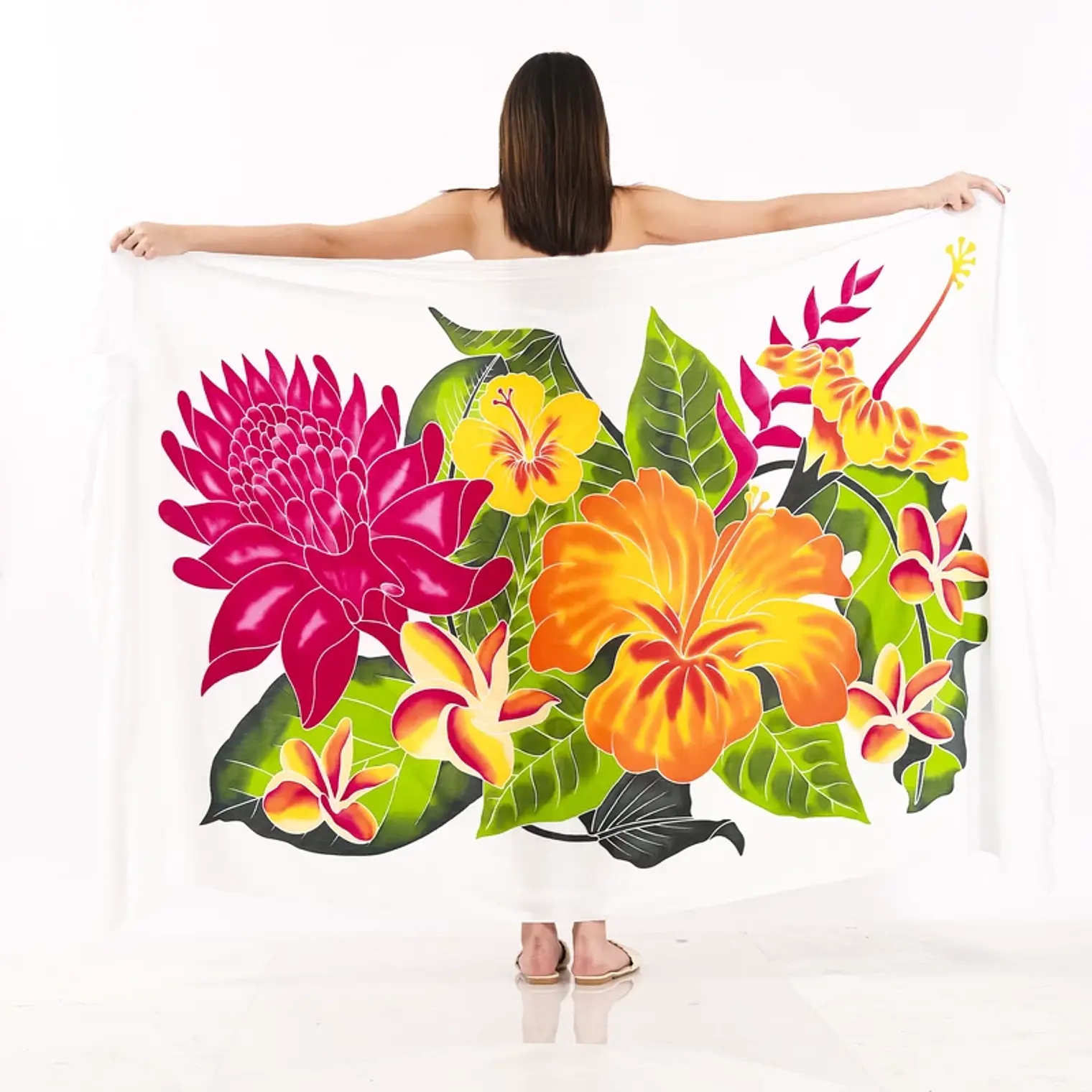 Pareo XL 2x1,15mts blanco con centro hibisco naranjo 1