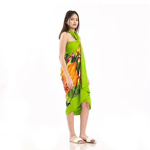 Pareo XL 2x1,15mts verde con centro hibisco naranjo