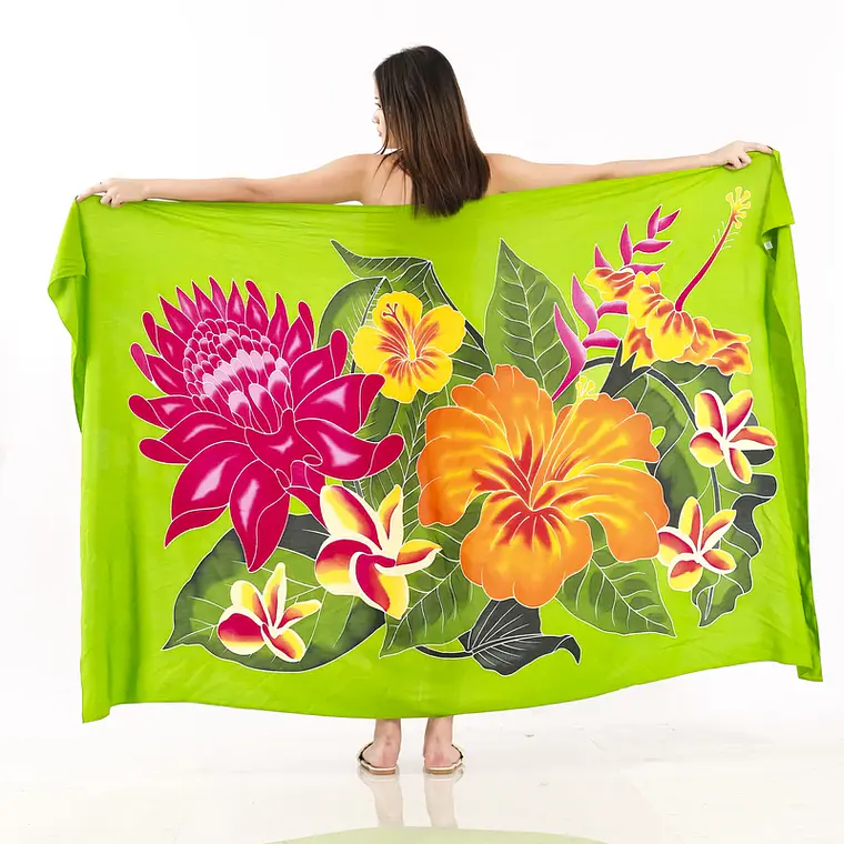 Pareo XL 2x1,15mts verde con centro hibisco naranjo 1