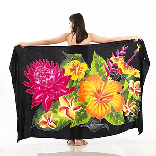 Pareo XL 2x1,15mts negro con centro hibisco naranjo