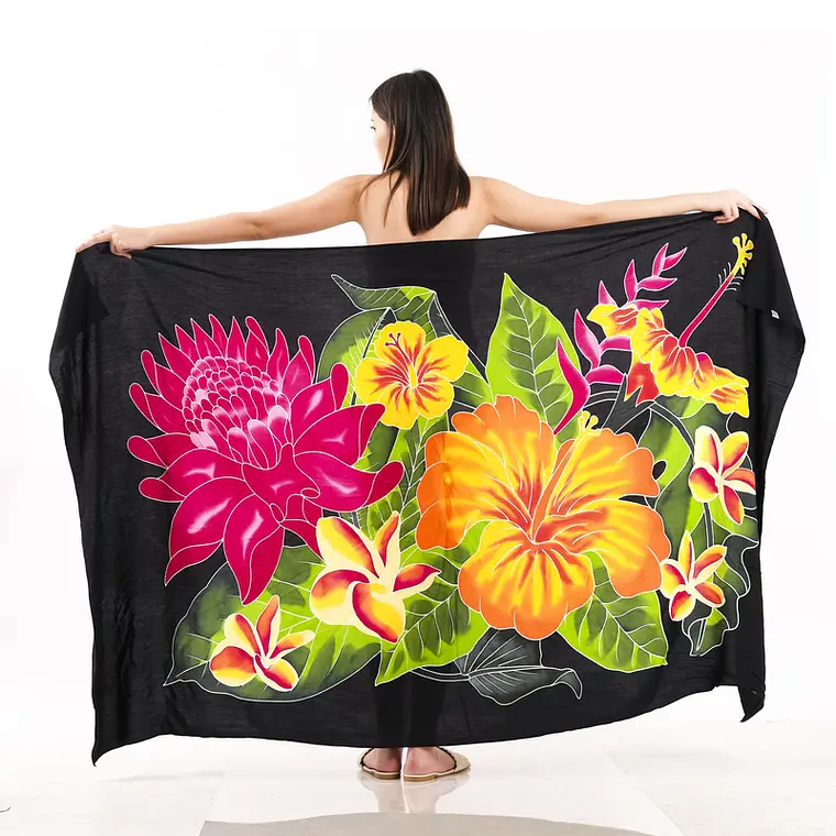 Pareo XL 2x1,15mts negro con centro hibisco naranjo 1