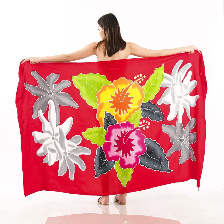 Pareo XL 2 x1,15mts rojo con hibisco amarilla y fuscia 1