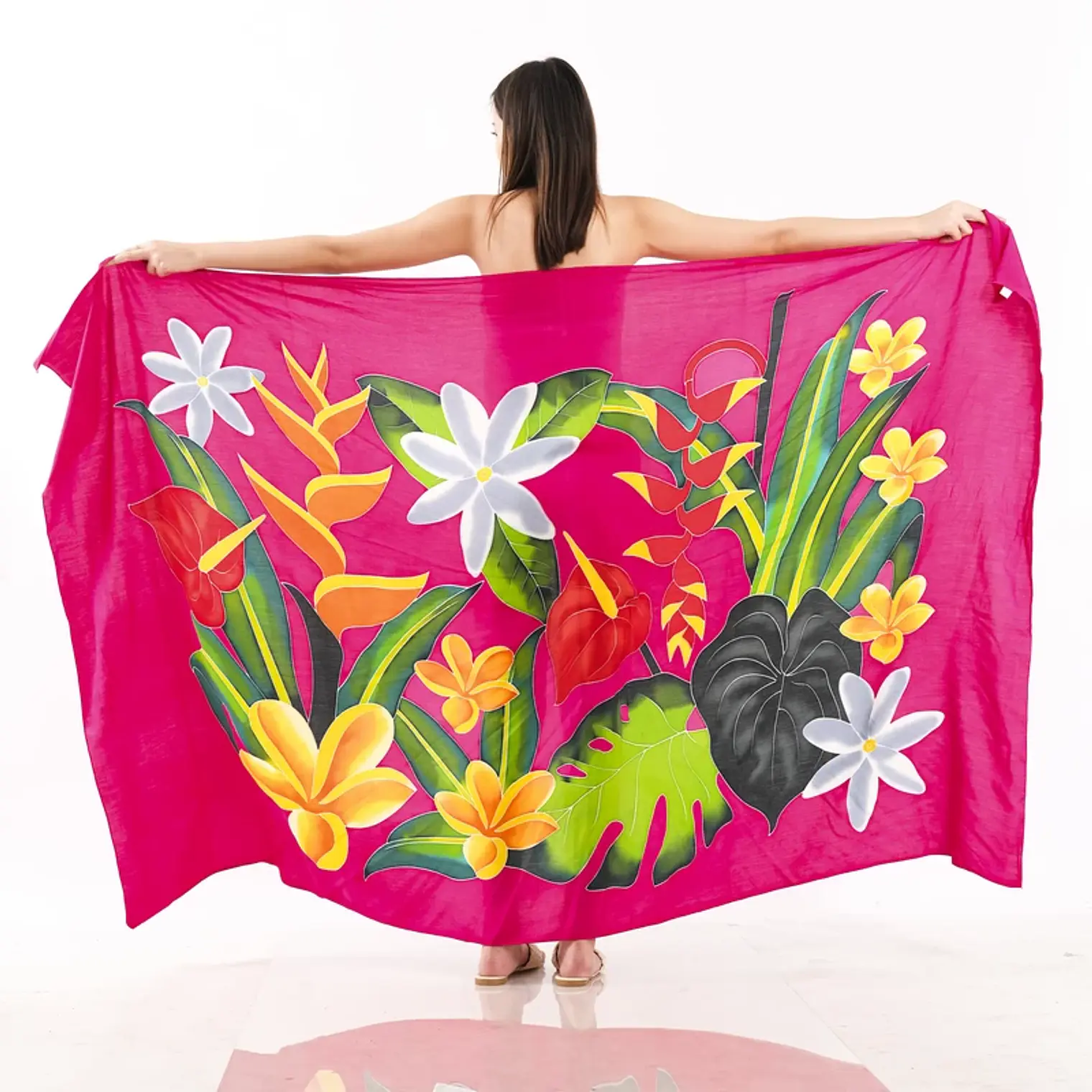 Pareo XL 2 x1,15mts fucsia con 3 Tiare blanca y tipanie 1