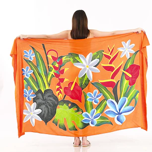 Pareo XL 2 x1,15mts naranjo con 3 Tiare blanca y tipanie