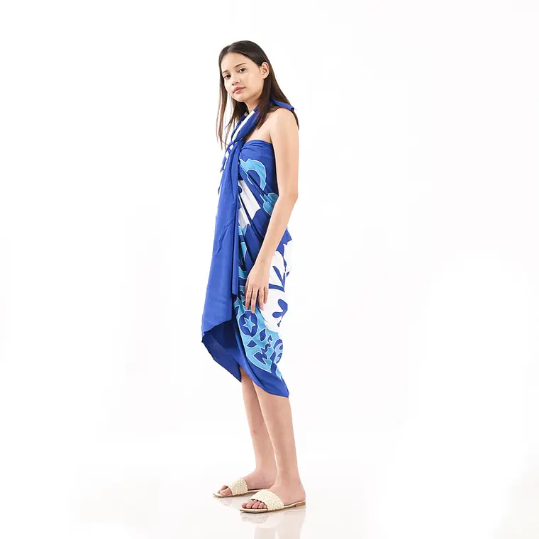 Pareo XL 2x1,15mts azul 3 hibiscos blanco 5