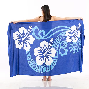 Pareo XL 2x1,15mts azul 3 hibiscos blanco