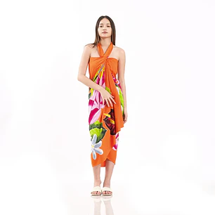 Pareo XL 2x1,15mts Naranjo con centro hibisco amarillo