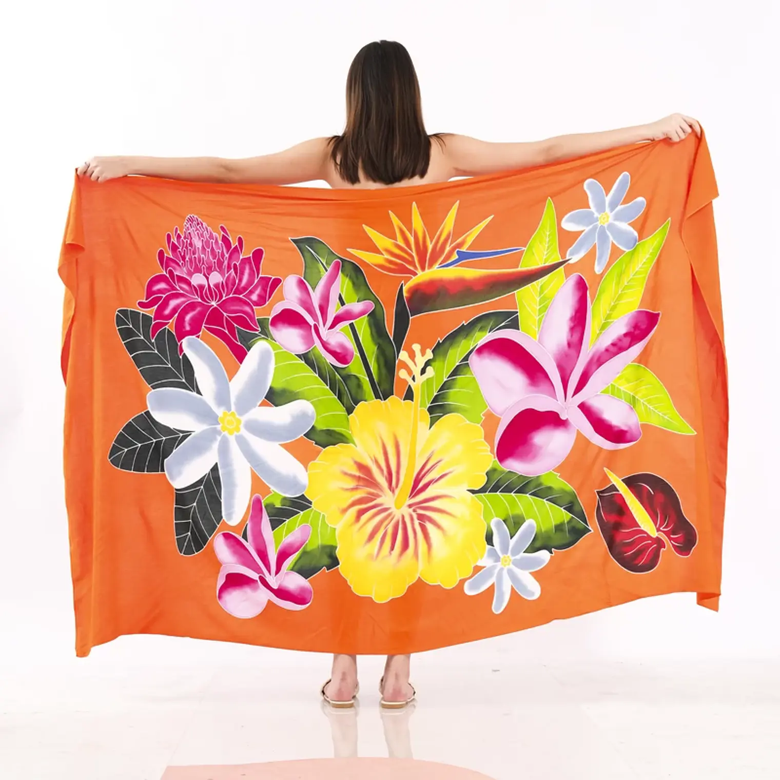 Pareo XL 2x1,15mts Naranjo con centro hibisco amarillo 1