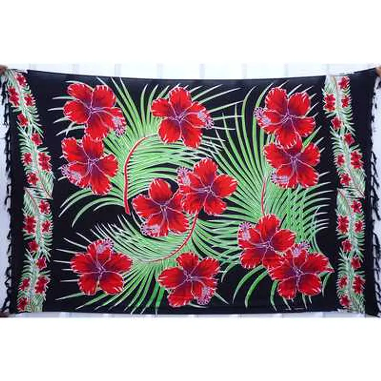 Pareo L 1,75x1,15mts Negro con Hibisco Rojo y hojas 1