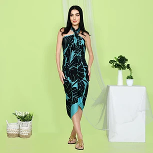 Pareo L 1,75x1,15mts Celeste con Hibisco Negro y hojas