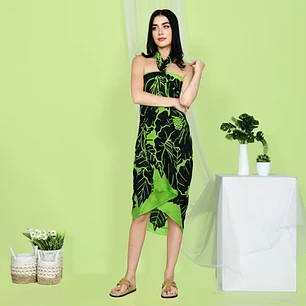 Pareo L 1,75x1,15mts Verde con Hibisco Negro y hojas