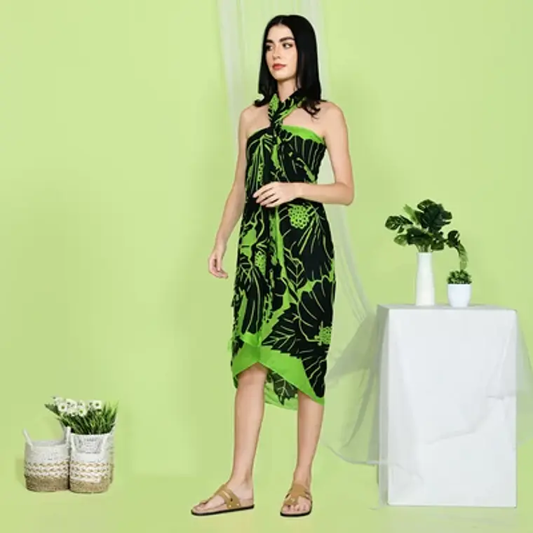 Pareo L 1,75x1,15mts Verde con Hibisco Negro y hojas 3