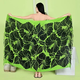 Pareo L 1,75x1,15mts Verde con Hibisco Negro y hojas